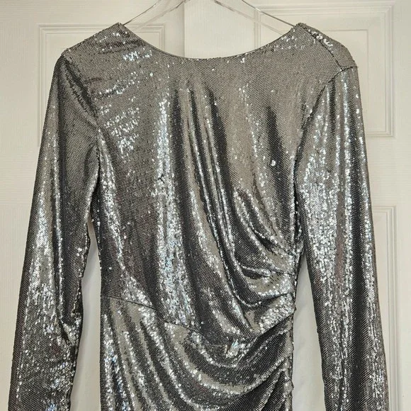 Dress the Population Emilia Sequin Long Sleeve Dress Womens Gray Size M